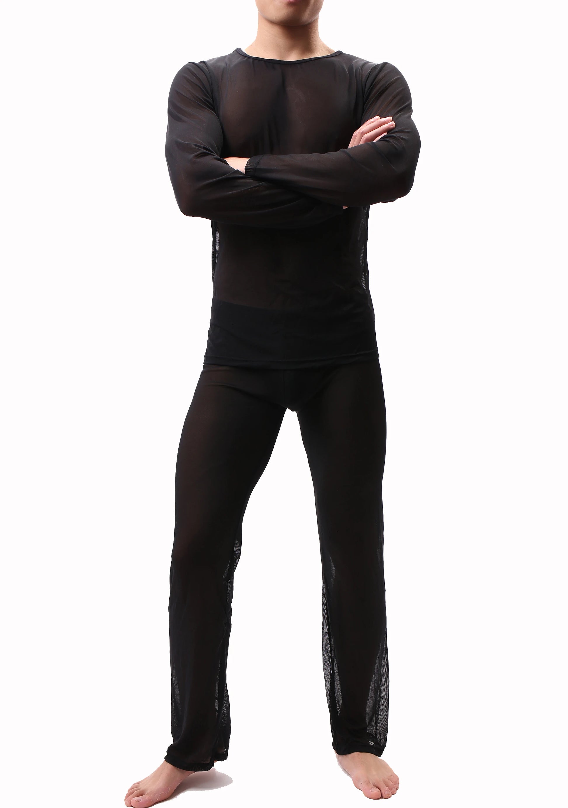 Sexy Men Pajamas Sets See Through Ice Silk T-Shirts No Seaming Tee Thin Man T-Shirt & Pants Pajama Sexy Male Pajamas Sleepwear