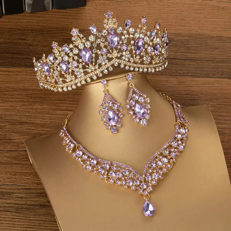 Baroque Crystal Water Drop Bridal Jewelry Sets Rhinestone Tiaras Crown Necklace Earrings for Bride Wedding Dubai Jewelry Set