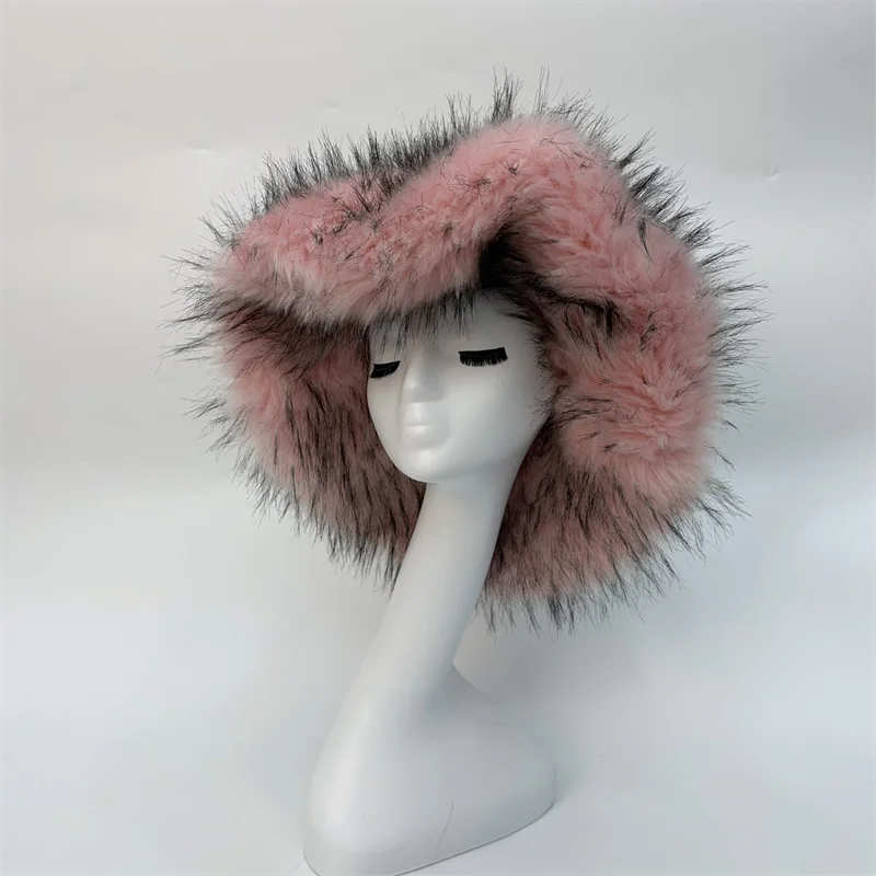 Winter Warm Plush Bucket Hat Women Oversize Earflaps Fluffy Faux Fur Hats Fashion Furry Raccoon Fur Cotton Hat Solid Color Hats