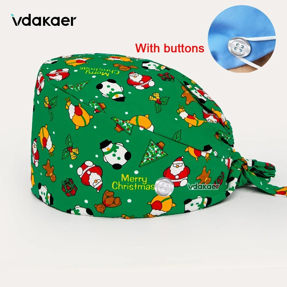 With Buttons Santa Claus Print Hats Adjustable Scrub Cap Beauty Salon Nursing Cap Laboratory Accessories Scrubs Christmas Hats