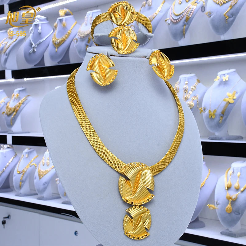 XUHUANG African Necklaces Bracelets Earing Sets Nigerian Wedding Jewelry Set Ethiopian Gold Colour Necklace Jewellery Set Gifts