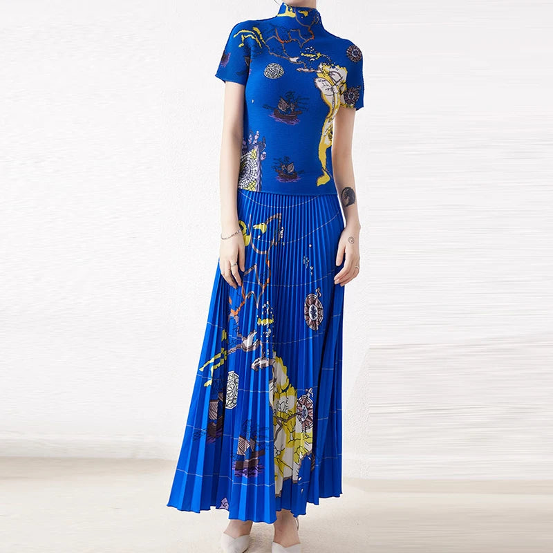 Elegant Two Piece Skirt Set Costume Women's Suit Skirts Pleated Skirt  Female Outfit Women's Casual Skirts Blouses Wrinkle Set
