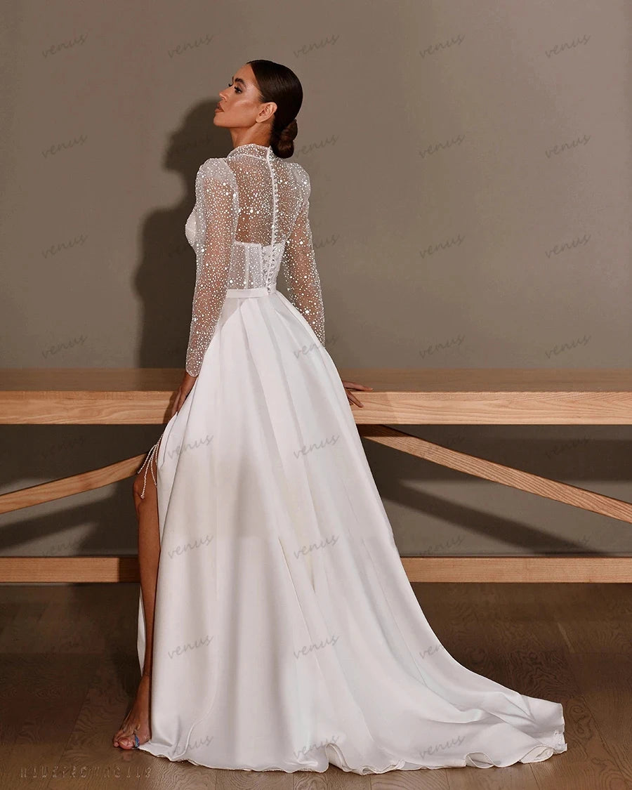 Sexy Wedding Dresses High Split A-Line Satin Bridal Gowns Vintage Robes for Formal Party Dress Vestidos De Novia Customized 2025 - My Store