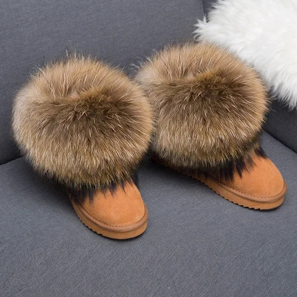 G&Zaco Luxury Winter Snow Boots Women Natural Real Fox Fur Boots Waterproof Genuine Suede Leather Boots Black Flat Short Boot