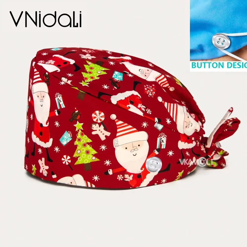 With Buttons Santa Claus Print Hats Adjustable Scrub Cap Beauty Salon Nursing Cap Laboratory Accessories Scrubs Christmas Hats