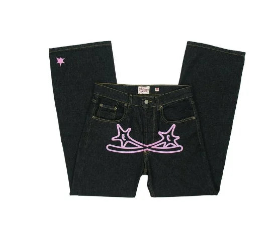 Y2k Men Retro Harajuku Clothing  New Baggy Casual Wide Leg Jeans Hip Hop Print Jeans Trend Fashion Black High Waist Jean
