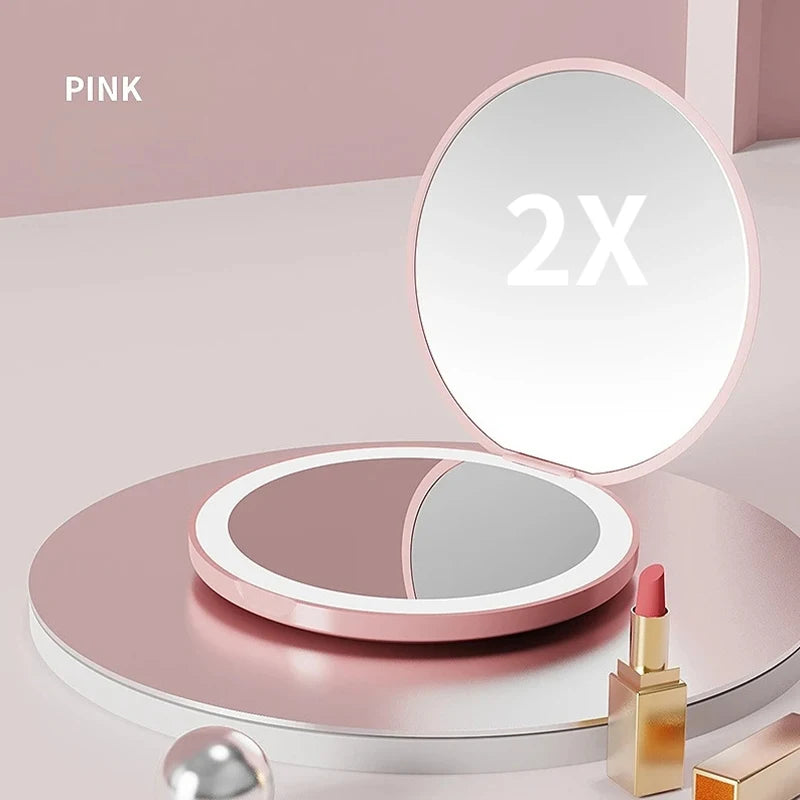 Mini LED Luminous Makeup Mirror Round Portable Foldable Small Compact Mirror With Light USB Handheld Makeup Magnifying Mirrors