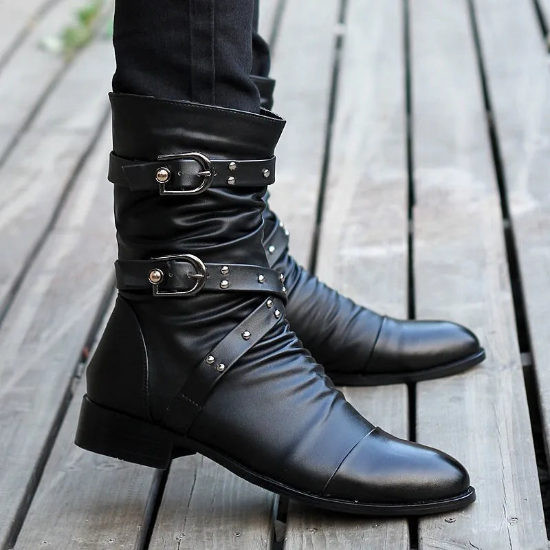 Winter Pointed Toe Men's Mid-Calf Boots Buckle Strap Chelsea Boot for Men Leather Mens Motorcycle Boots High Top Man Winter Shoe
