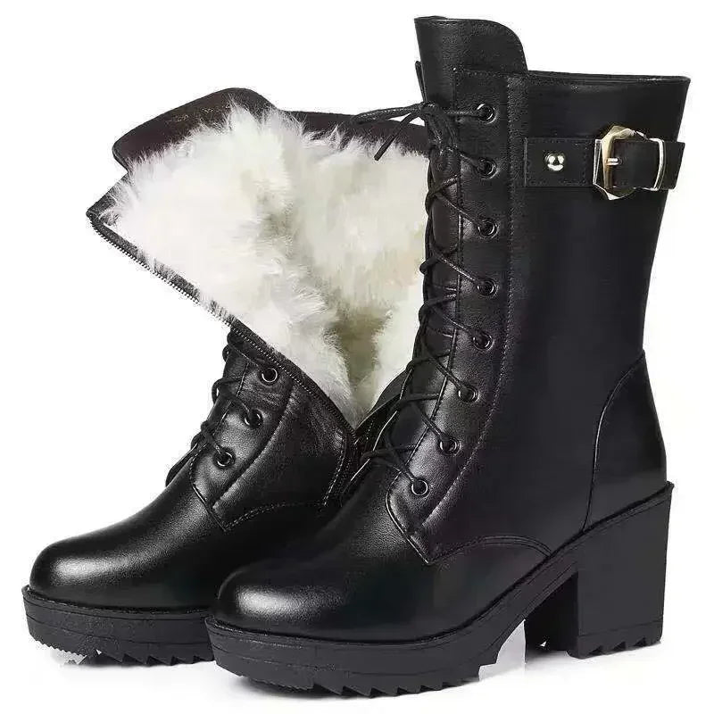 2025 Winter Leather Women Winter Boots Thick Wool Warm Women High-Heeled Genuine Boot High-Quality Female Snow Boots Women Shoes