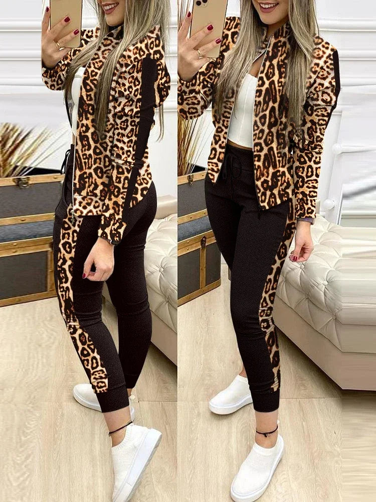 Trend Leopard 2 Two Piece Set Women Outfits Activewear Zipper Top Leggings Women Matching Set Tracksuit Female Outfits for Women