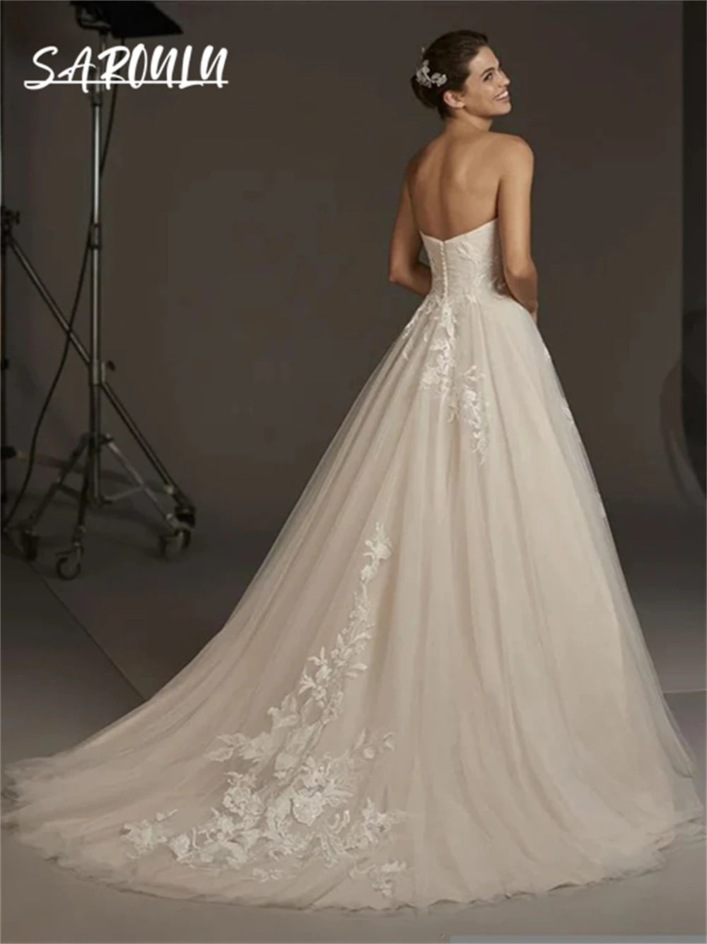 Light Champagne Lining Wedding Dress for Women 2024 Tulle With Lace Appliques Strapless Bride Dresses Robe De Mariee Bridal Gown - My Store