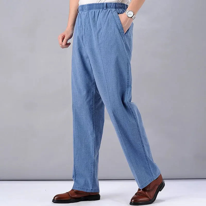 Men's Linen Pants High Waist Lightweight Summer Pants Men 2024 Thin Clothing Loose Cotton Trouser Elastic Band Work Vintage Pant