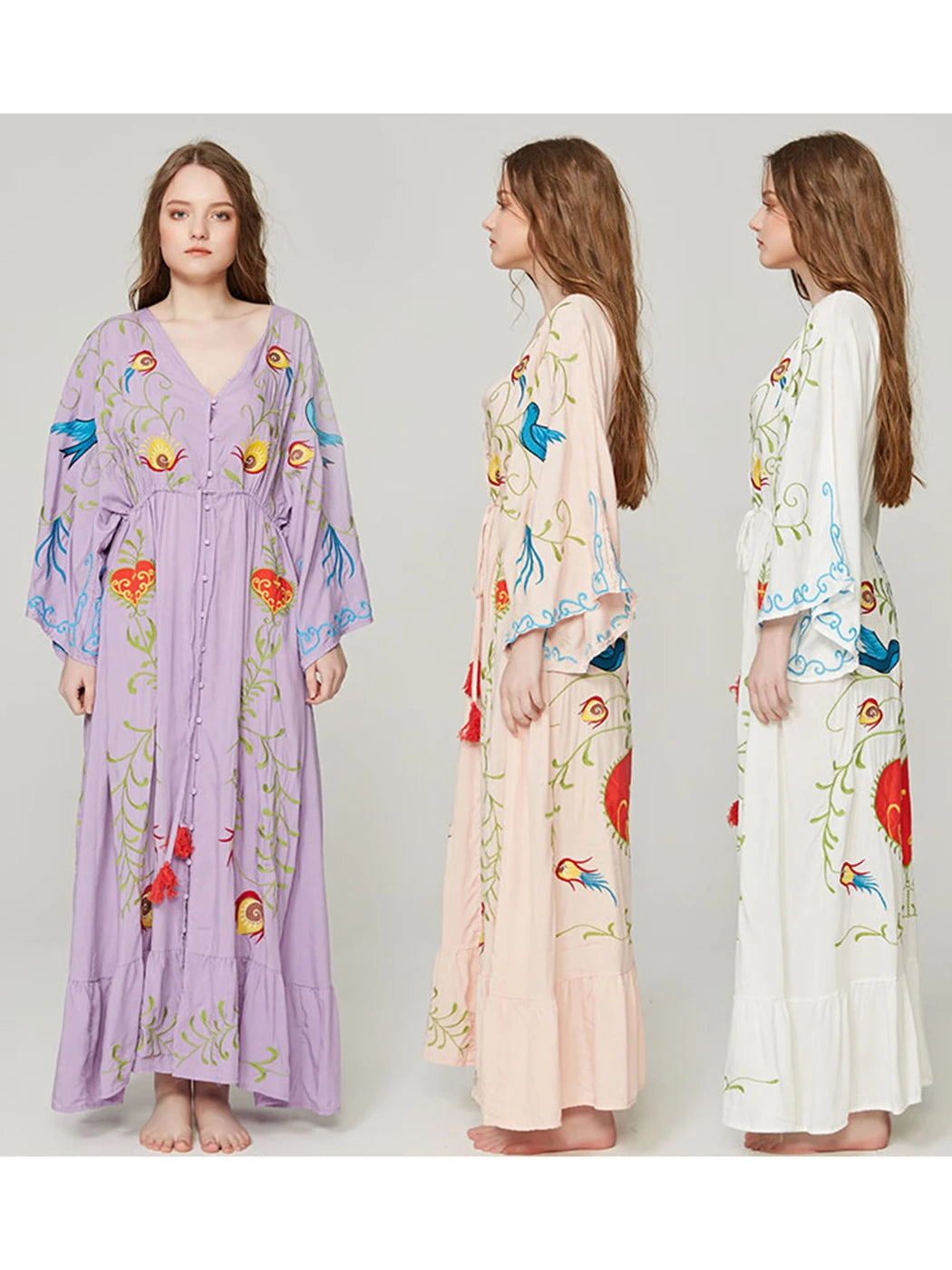 Jastie 2025 Spring Autumn Women Dress Loose Casual Kimono Dresses Floral Embroidered Maxi Dress Boho Ruffle Hem Beach Dresses