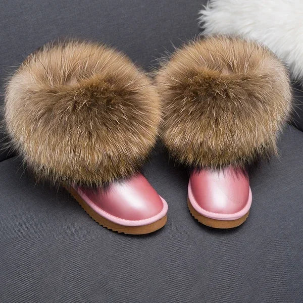 G&Zaco Luxury Winter Snow Boots Women Natural Real Fox Fur Boots Waterproof Genuine Suede Leather Boots Black Flat Short Boot