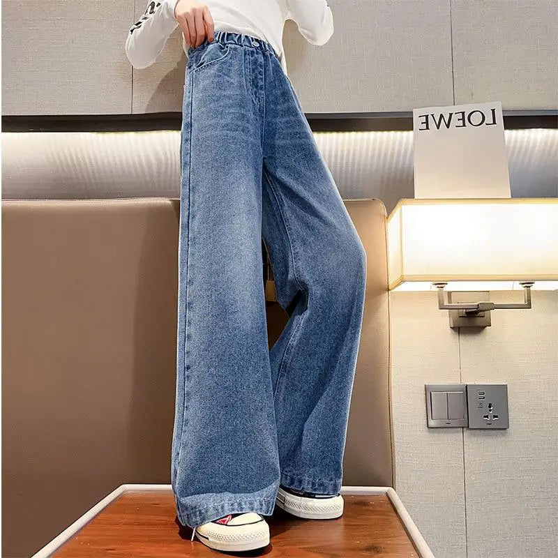 Jeans for Girls Kids Fashion Blue Wide Leg Pants 2025 Spring Autumn Children Korean Trousers Children's Clothing 6 8 10 12 14Yrs