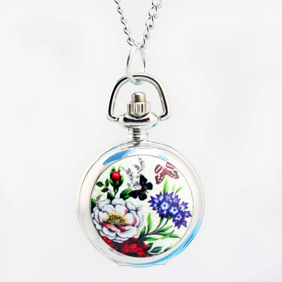 Shsby Vintage Pocket Watches  Flower Fashion Silver Chain Necklace Quartz Watch Women Dress Watches Children's Cartoon Watches