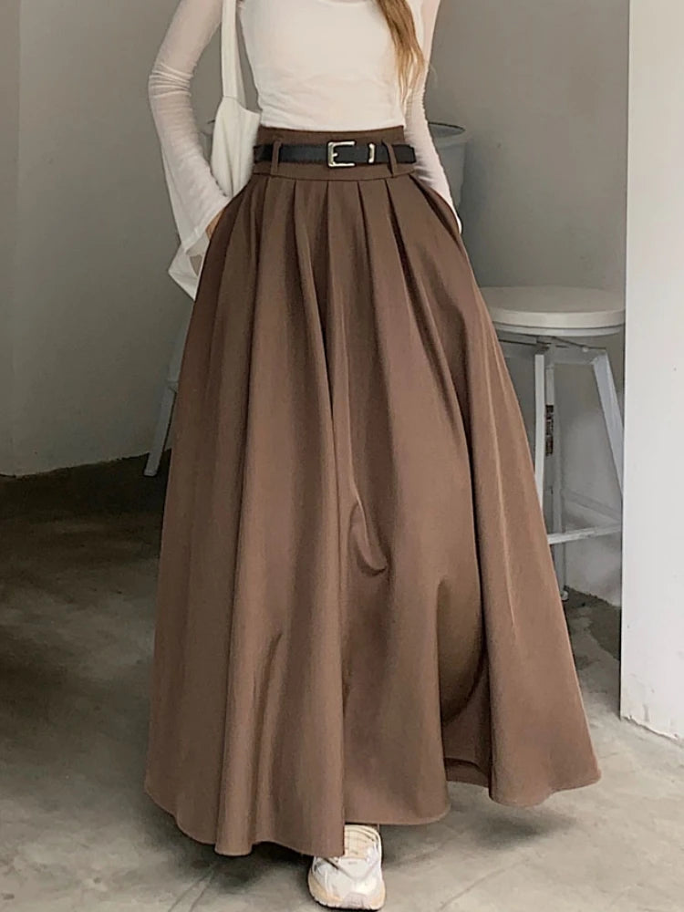 Qiukichonson Grey Midi Long Skirts Womens Maxi Skirt 2023 Autumn Winter Suit Skirt Goth Lolita High Waist Ruffle Pleated Skirts