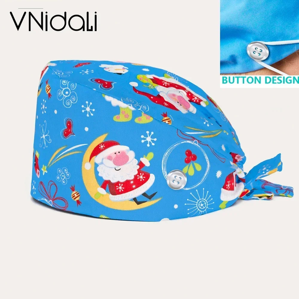 With Buttons Santa Claus Print Hats Adjustable Scrub Cap Beauty Salon Nursing Cap Laboratory Accessories Scrubs Christmas Hats