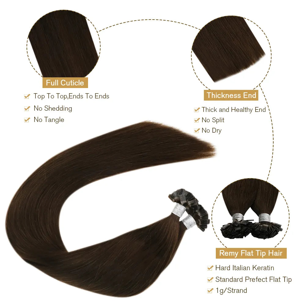 Ugeat Flat Tip Hair Extensions Human Hair Fushion Remy Hair 14-24" 50 Strands/Pack Natural Straight Keratin Hair Extensions