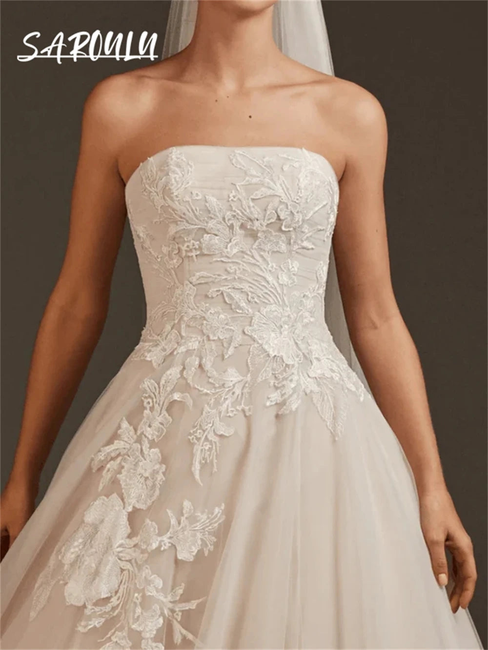 Light Champagne Lining Wedding Dress for Women 2024 Tulle With Lace Appliques Strapless Bride Dresses Robe De Mariee Bridal Gown - My Store