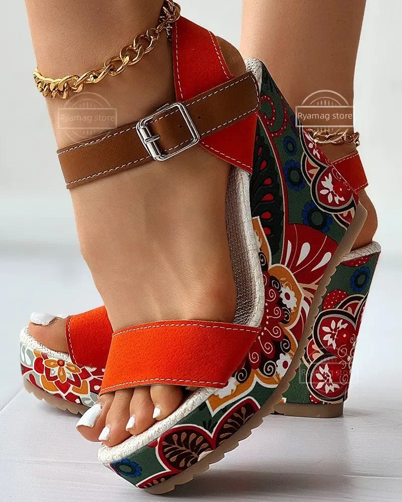 Sandals Women's Peep Toe Floral Print Slingback Wedge Sandals Ethnic Print Platform Shoes Ladies Ankle Buckle Sandalias De Mujer