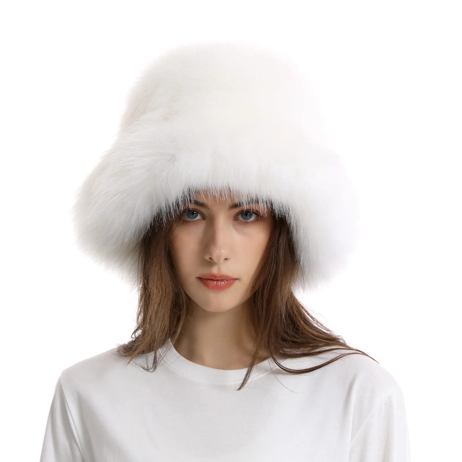 Warm Plush Bucket Hat Women Oversize Earflaps Fluffy Faux Fur Hats Fashion Furry Raccoon Fur Cotton Hat Winter Solid Color Hats