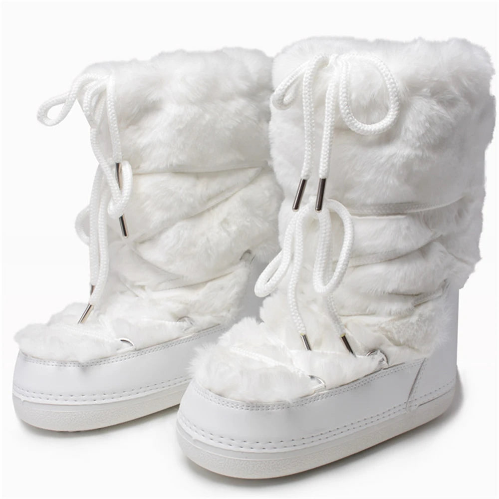 2025 Winter Boots Women Fur Boots Lace-Up Platform Snow Boots Brand Waterproof Non-Slip Warm Cotton Boots Leather Ski Boots