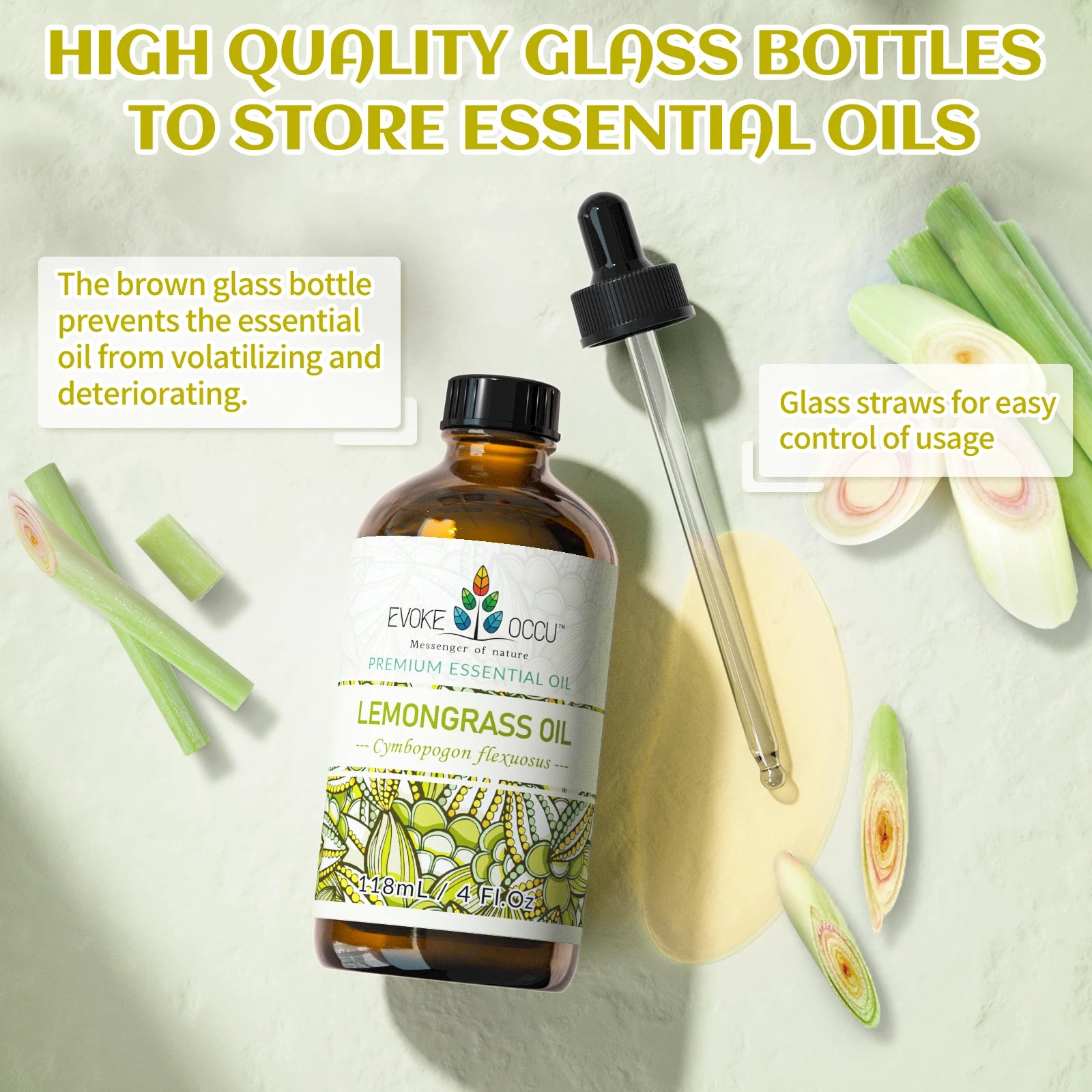 EVOKE OCCU Lemongrass Essential Oils, 118ml/4 Fl.Oz. Premium Plant Oil for Diffuser, Candle Soap Making, Skin, Hair, Massage,