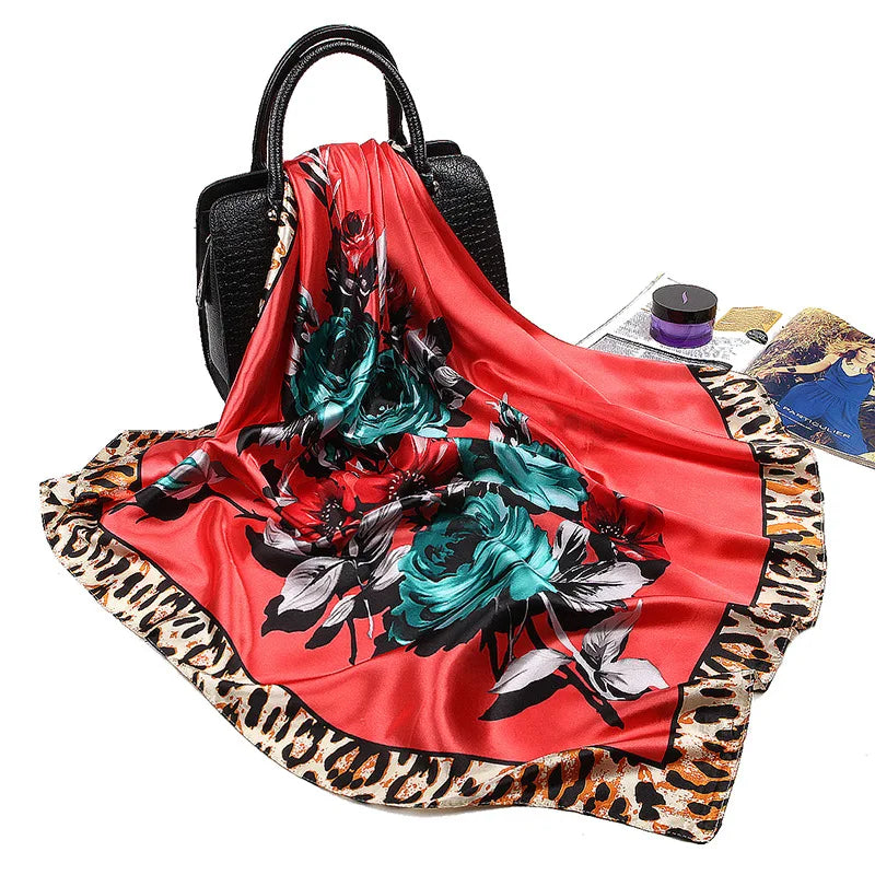 Fashion Kerchief Silk Satin Neck Scarf for Women Print Hijab Scarfs Female 90*90cm Square Shawls and Wraps Scarves for Lady