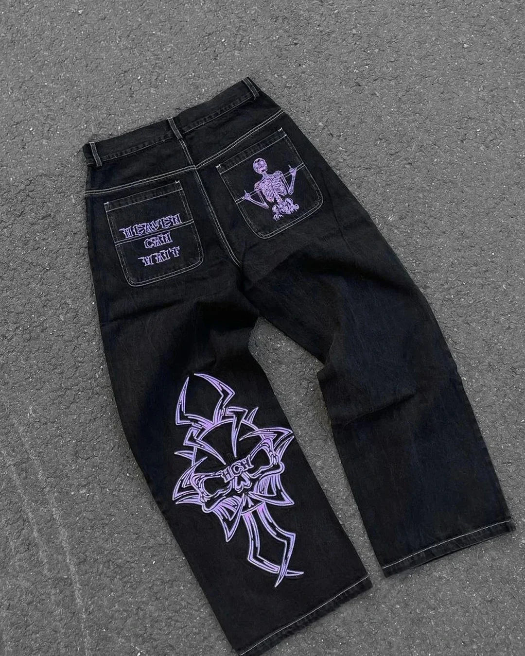 New Baggy Casual Wide Leg Jeans Men Street Retro Hip Hop Print Jeans Trend Fashion Black High-Waist Jean Y2k Men Clothing 2023