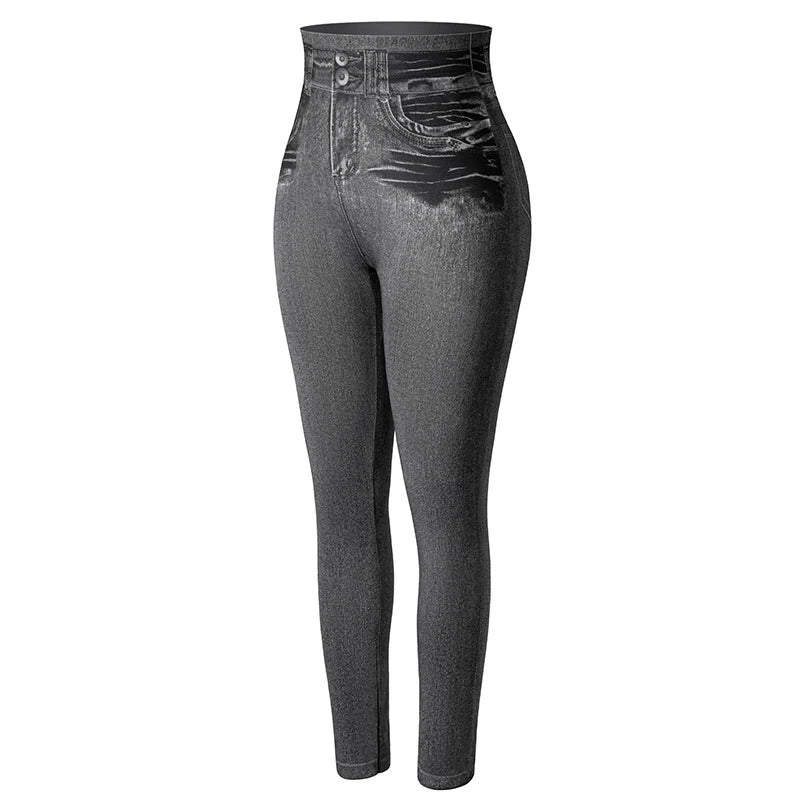 Women Jeggings Faux Denim Jeans Leggings High Waisted Tummy Control Slim Leggins Printed Pencil Pants Seamless Skinny Trousers