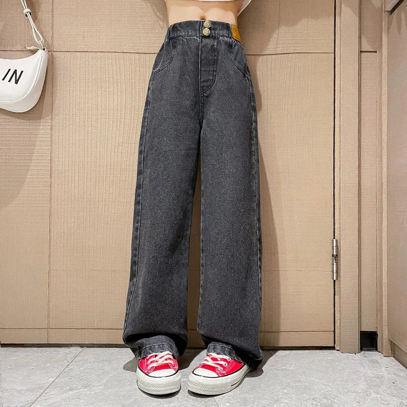Jeans for Girls Kids Fashion Blue Wide Leg Pants 2025 Spring Autumn Children Korean Trousers Children's Clothing 6 8 10 12 14Yrs