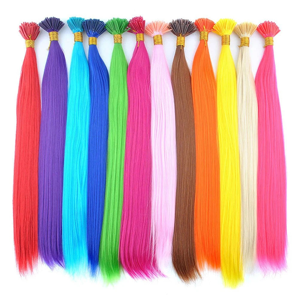 20 Strands/Pack Random Ten Colors Synthetic Colored I-Tip Stick Hair Extensions Straight Hair 16 Inch for Women High Temperature