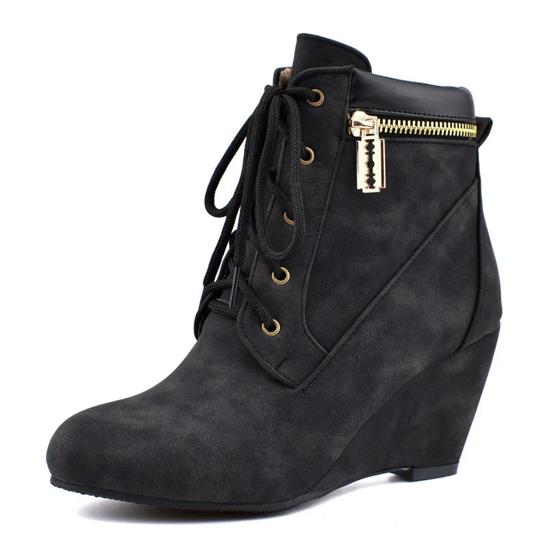 Winter Women Snow Boots Round Toe Lace Up Casual Wedge Ankle Boots for Women Shoes High Heels Women Motorcycle Boot Large Size