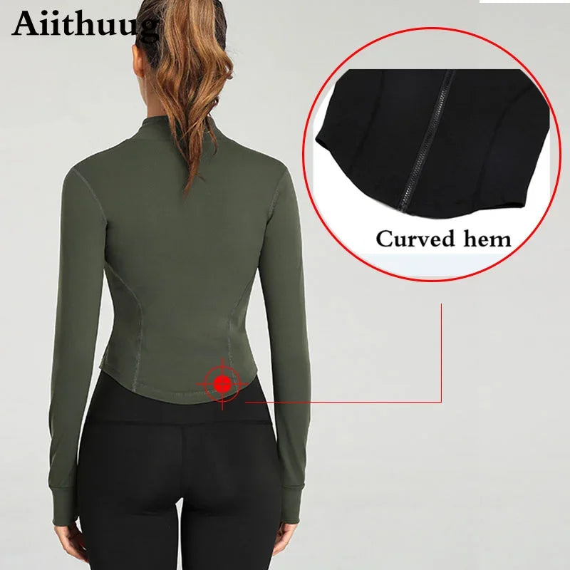 Aiithuug Women Full Zip-Up Yoga Top Workout Running Jackets With Thumb Holes Stretchy Fitted Long Sleeve Crop Tops Activewear