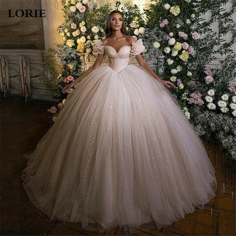 LORIE Shiny Glitter Princess Wedding Dresses Ball Gown Off the Shoulder Bride Dress Sweetheart Neck Dubai Wedding Gowns 2024 - My Store