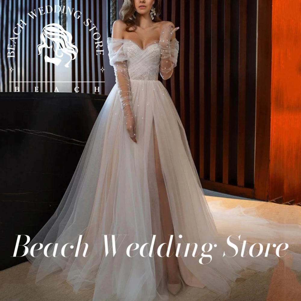 Beach Customized Champagne Wedding Dresses Sexy Side Split Dots Tulle Bride Dress Long Sleeve Off the Shoulder Wedding Gowns - My Store