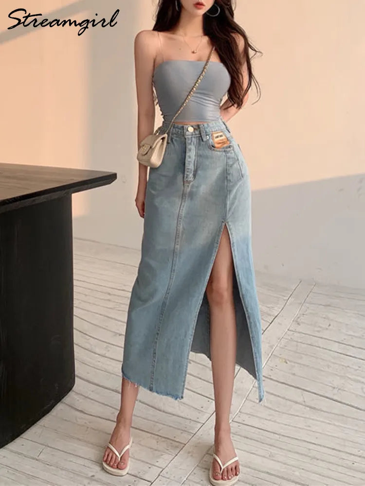 Streamgirl Maxi Jeans Skirt Women Denim Long Skirts Summer Vintage Maxi Skirt Side Split Denim Skirt Women Long Korean