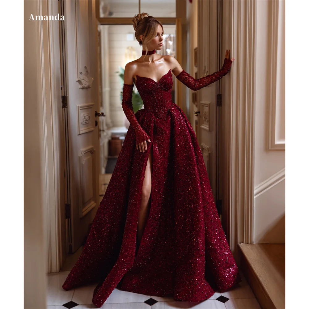 Amanda Strapless Draped Sleeveless Robes De Soirée Side High Split Exquisite Evening Dresses Wedding Party Simple Wedding Dress - My Store