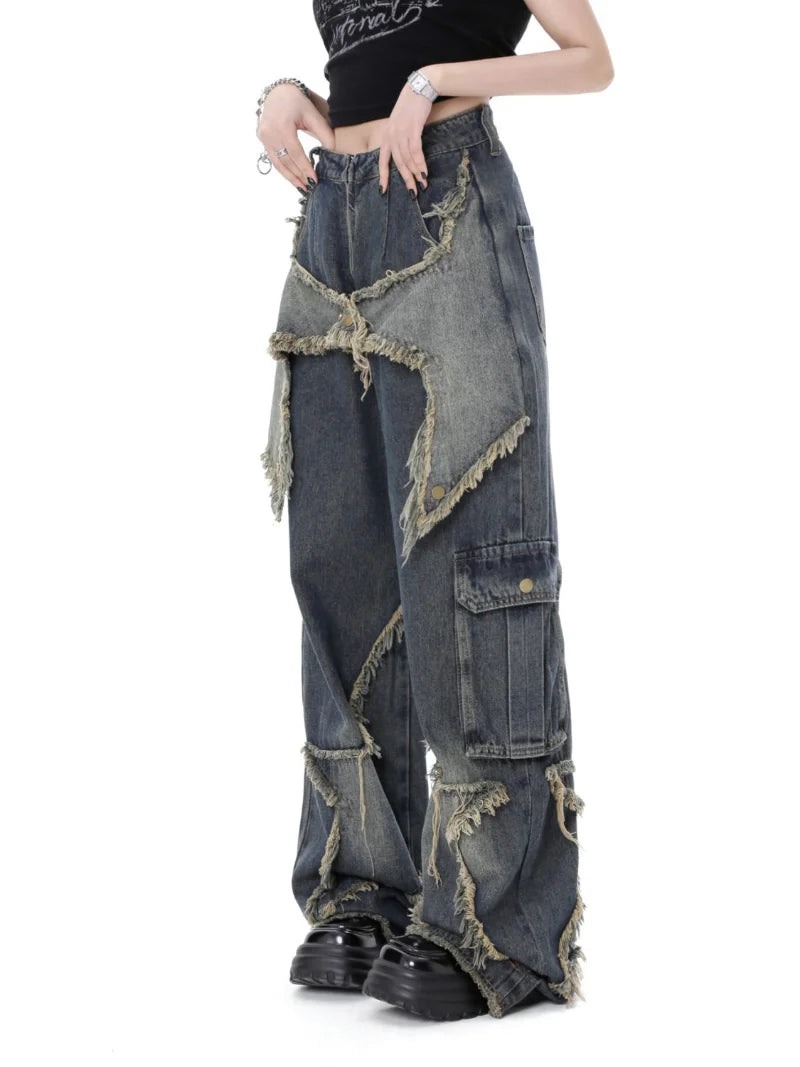 New Women Star Stitching Tassel Pants American Retro High Street Jeans Loose Wide Leg Pants Trendy Punk Y2k Pants