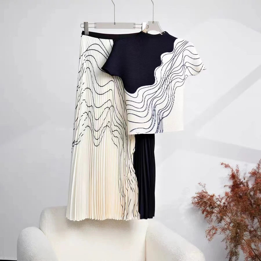 Elegant Two Piece Skirt Set Costume Women's Suit Skirts Pleated Skirt  Female Outfit Women's Casual Skirts Blouses Wrinkle Set
