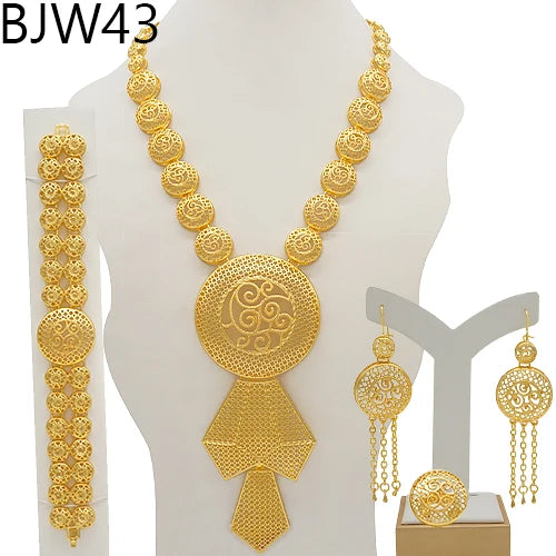 Dubai African Gold Color Jewelry Sets for Women Indian Jewelery Nigerian Necklace Ring Earring Wedding Accessories