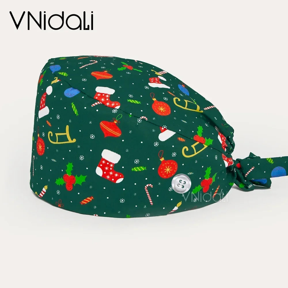 With Buttons Santa Claus Print Hats Adjustable Scrub Cap Beauty Salon Nursing Cap Laboratory Accessories Scrubs Christmas Hats