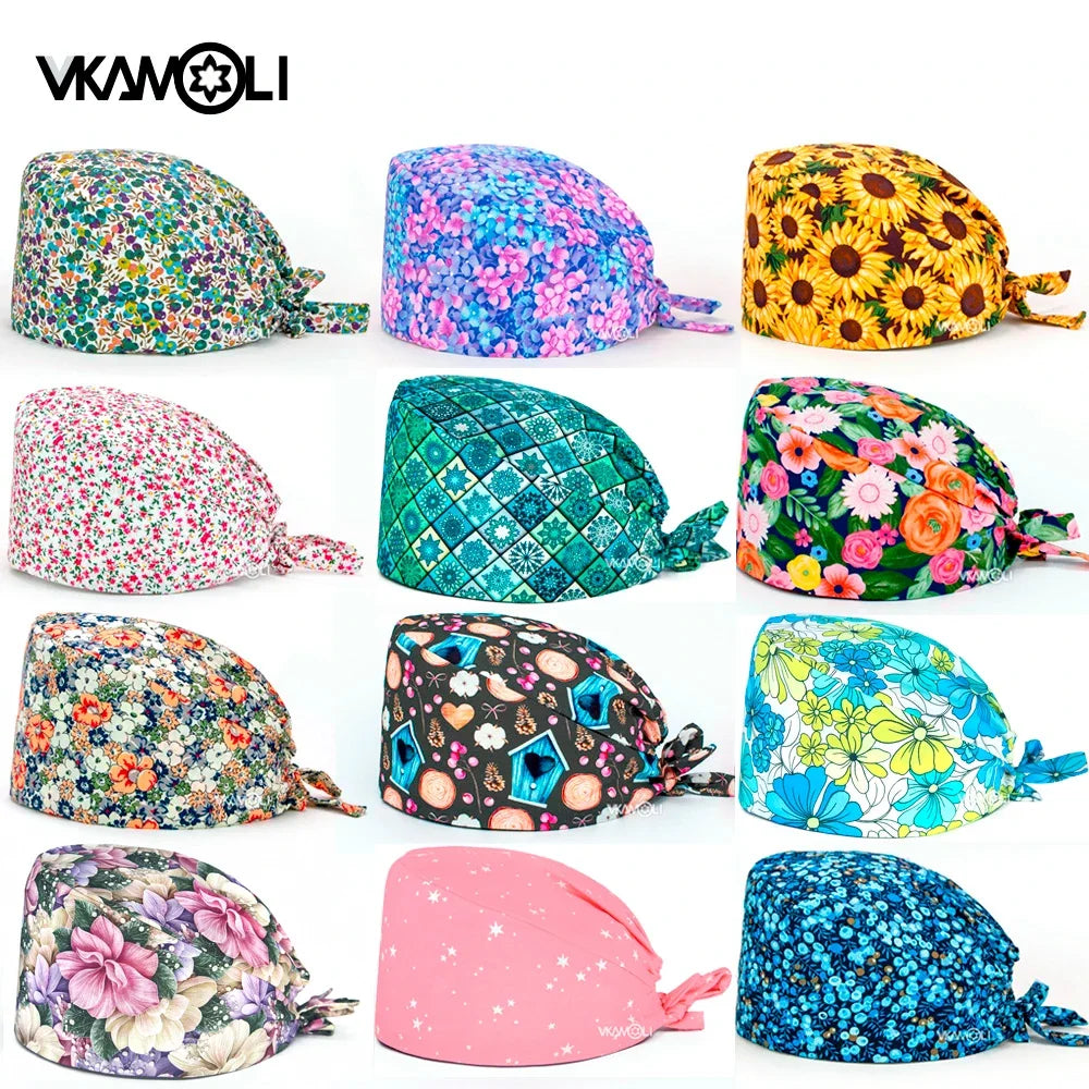 Flower Printing Scrub Caps Dental Print Scrubs Hat 100% Cotton Women Men Dust Proof Vet Dentist  Working Hats Tie Back Cap