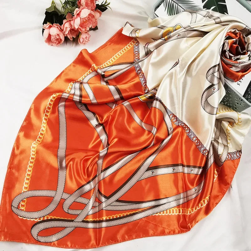 90cm Neckerchief Silk Satin Women Hijab Scaves Fashion Floral Print Headband Neck Scarfs Female Square Shawls Scarfs for Ladies