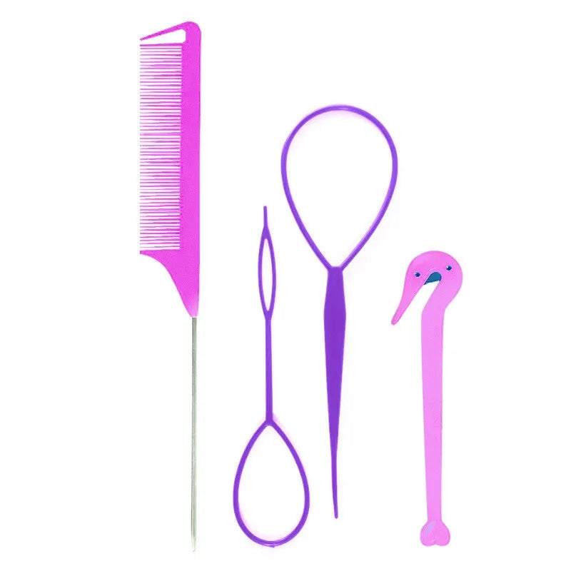 4pcs/Set French Braid Tool Loop Elastic Hair Bands Remover Cutter Rat Tail Comb Metal Pin Tail Braiding Combs for Hair Styling