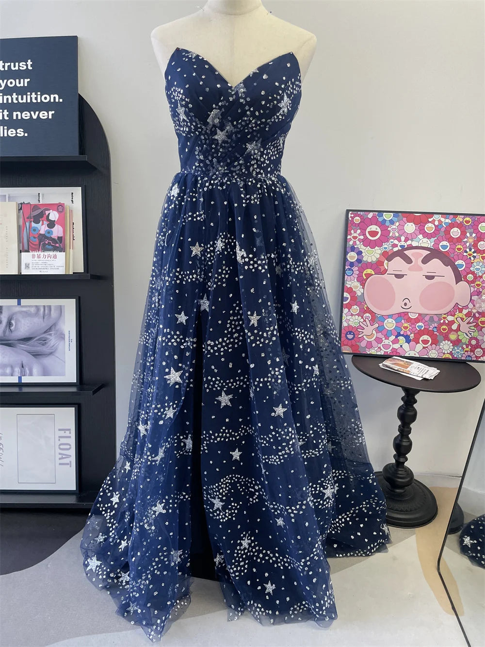 Cathy Fairy A-Line فساتين السهرة Dark Blue Star Prom Dress Strapless Customized Party Dresses Sexy Side Split Vestidos De Noche - My Store