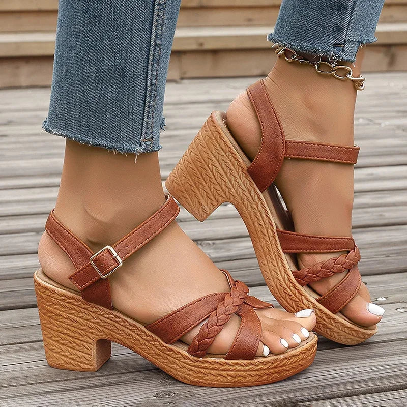 Lucyever Lightweight High Heeled Sandals for Women 2025 Summer Ankle Buckle Female Gladiator Sandal Woven Platform Sandles Woman