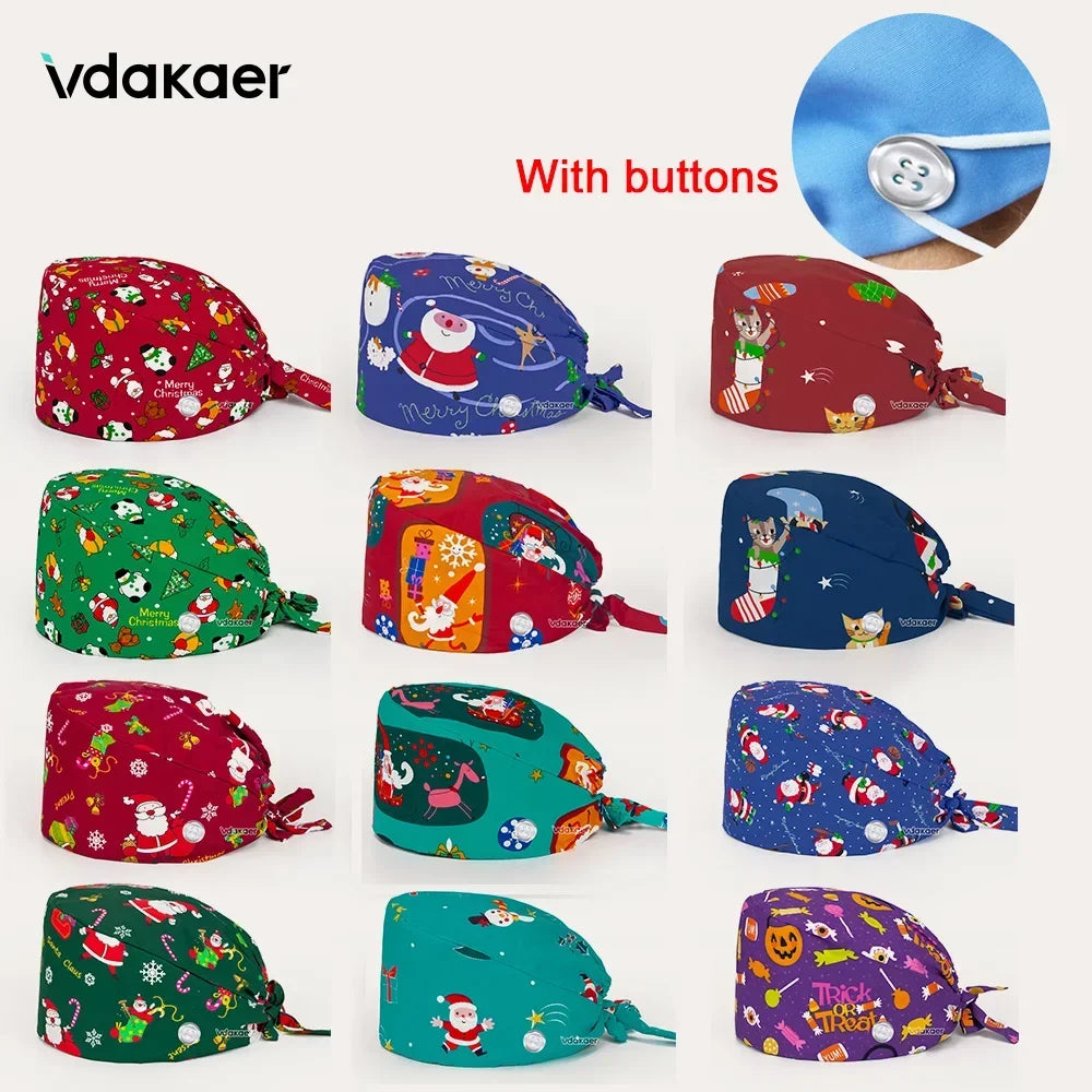 With Buttons Santa Claus Print Hats Adjustable Scrub Cap Beauty Salon Nursing Cap Laboratory Accessories Scrubs Christmas Hats