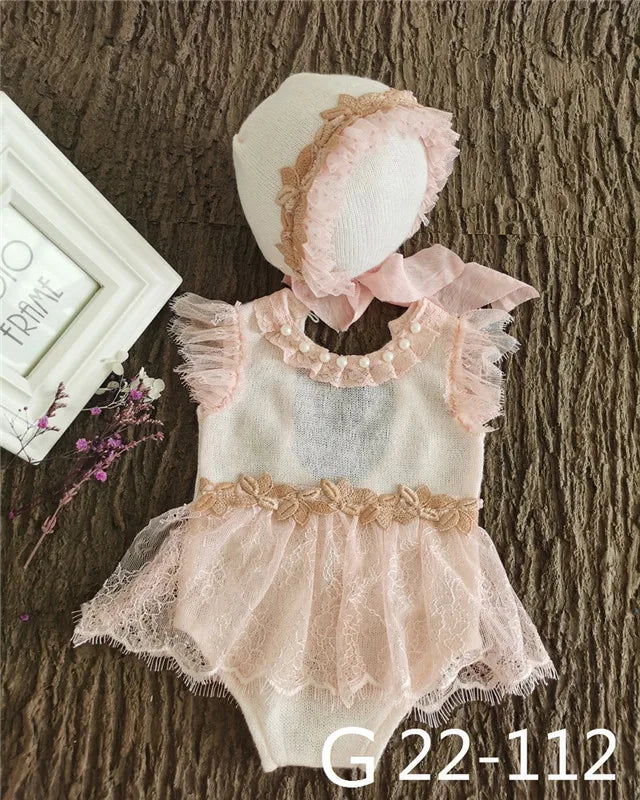 0-3Month Baby Newborn Photography Props Baby Hat Baby Girl Lace Romper Bodysuits Outfit  Photography Clothing